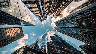 Skyscrapers looking-up angle from the ground.